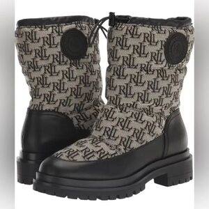 Lauren Ralph Lauren COREE Water Res Monogram Black Gray Quilted Top Boots Sz 7.5